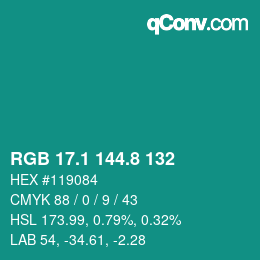 カラーコード: RGB 17.1 144.8 132 | qconv.com