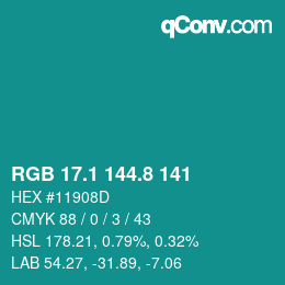 Color code: RGB 17.1 144.8 141 | qconv.com
