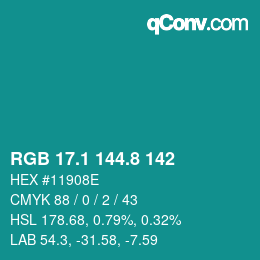 カラーコード: RGB 17.1 144.8 142 | qconv.com