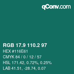 カラーコード: RGB 17.9 110.2 97 | qconv.com