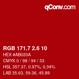 カラーコード: RGB 171.7 2.6 10 | qconv.com