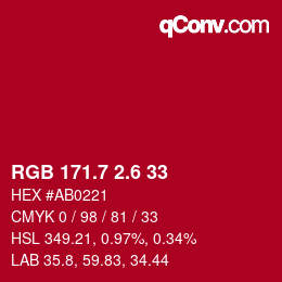 カラーコード: RGB 171.7 2.6 33 | qconv.com