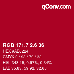 カラーコード: RGB 171.7 2.6 36 | qconv.com