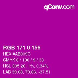 カラーコード: RGB 171 0 156 | qconv.com