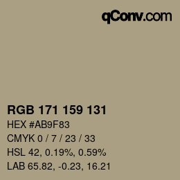 Color code: RGB 171 159 131 | qconv.com