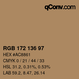 Color code: RGB 172 136 97 | qconv.com