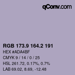カラーコード: RGB 173.9 164.2 191 | qconv.com