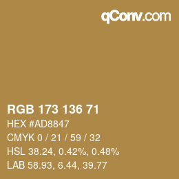 Color code: RGB 173 136 71 | qconv.com