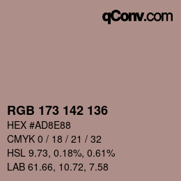 Color code: RGB 173 142 136 | qconv.com