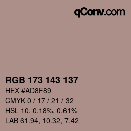 Color code: RGB 173 143 137 | qconv.com