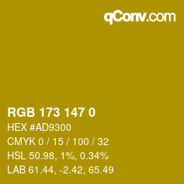 Color code: RGB 173 147 0 | qconv.com