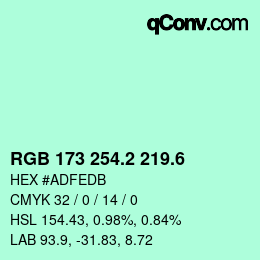 カラーコード: RGB 173 254.2 219.6 | qconv.com