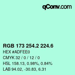 カラーコード: RGB 173 254.2 224.6 | qconv.com