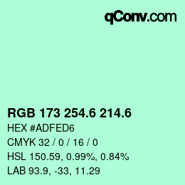 カラーコード: RGB 173 254.6 214.6 | qconv.com