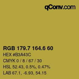 カラーコード: RGB 179.7 164.6 60 | qconv.com