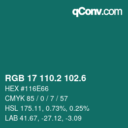 カラーコード: RGB 17 110.2 102.6 | qconv.com