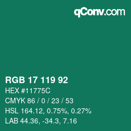 カラーコード: RGB 17 119 92 | qconv.com