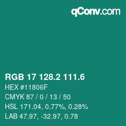 カラーコード: RGB 17 128.2 111.6 | qconv.com