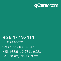 Color code: RGB 17 136 114 | qconv.com