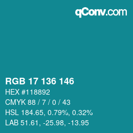 Color code: RGB 17 136 146 | qconv.com