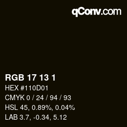 カラーコード: RGB 17 13 1 | qconv.com