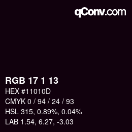 カラーコード: RGB 17 1 13 | qconv.com