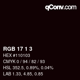 カラーコード: RGB 17 1 3 | qconv.com