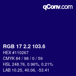 カラーコード: RGB 17 2.2 103.6 | qconv.com