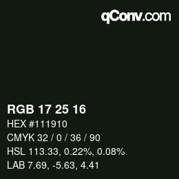 Color code: RGB 17 25 16 | qconv.com