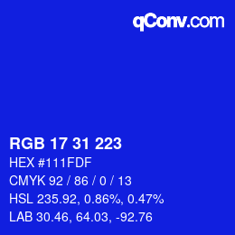 Color code: RGB 17 31 223 | qconv.com
