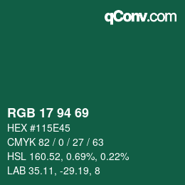 Color code: RGB 17 94 69 | qconv.com