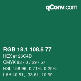 カラーコード: RGB 18.1 108.8 77 | qconv.com