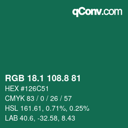カラーコード: RGB 18.1 108.8 81 | qconv.com
