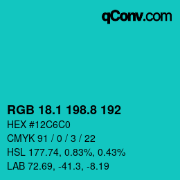 カラーコード: RGB 18.1 198.8 192 | qconv.com