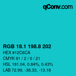 カラーコード: RGB 18.1 198.8 202 | qconv.com