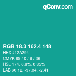 カラーコード: RGB 18.3 162.4 148 | qconv.com