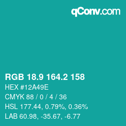 カラーコード: RGB 18.9 164.2 158 | qconv.com