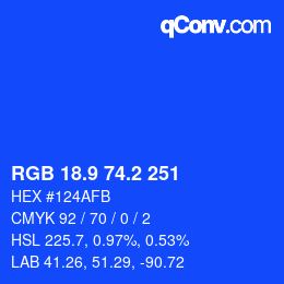 カラーコード: RGB 18.9 74.2 251 | qconv.com