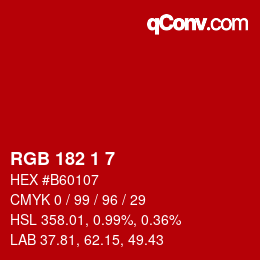 カラーコード: RGB 182 1 7 | qconv.com