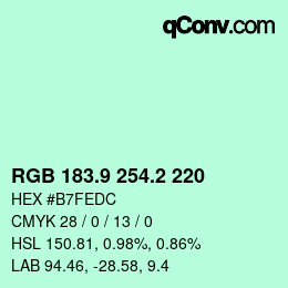 Color code: RGB 183.9 254.2 220 | qconv.com