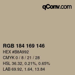 Color code: RGB 184 169 146 | qconv.com