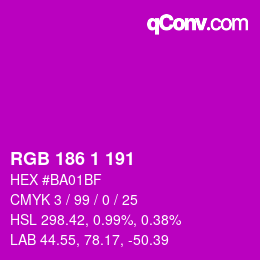 Color code: RGB 186 1 191 | qconv.com
