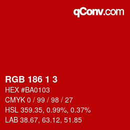 カラーコード: RGB 186 1 3 | qconv.com