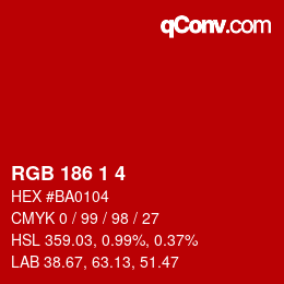 Color code: RGB 186 1 4 | qconv.com