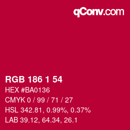 Color code: RGB 186 1 54 | qconv.com