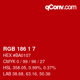 Color code: RGB 186 1 7 | qconv.com