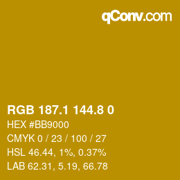 カラーコード: RGB 187.1 144.8 0 | qconv.com