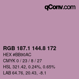 カラーコード: RGB 187.1 144.8 172 | qconv.com