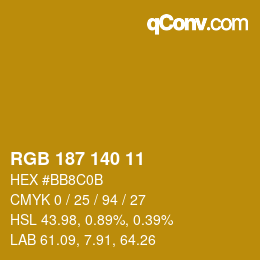 Color code: RGB 187 140 11 | qconv.com