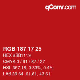 颜色代码: RGB 187 17 25 | qconv.com
